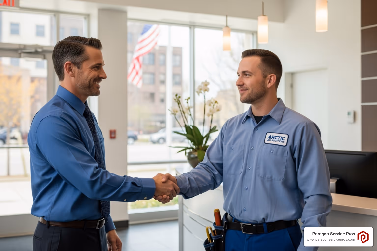 satisfied business owner shaking hands with an HVAC technician - commercial hvac services bluffdale, ut