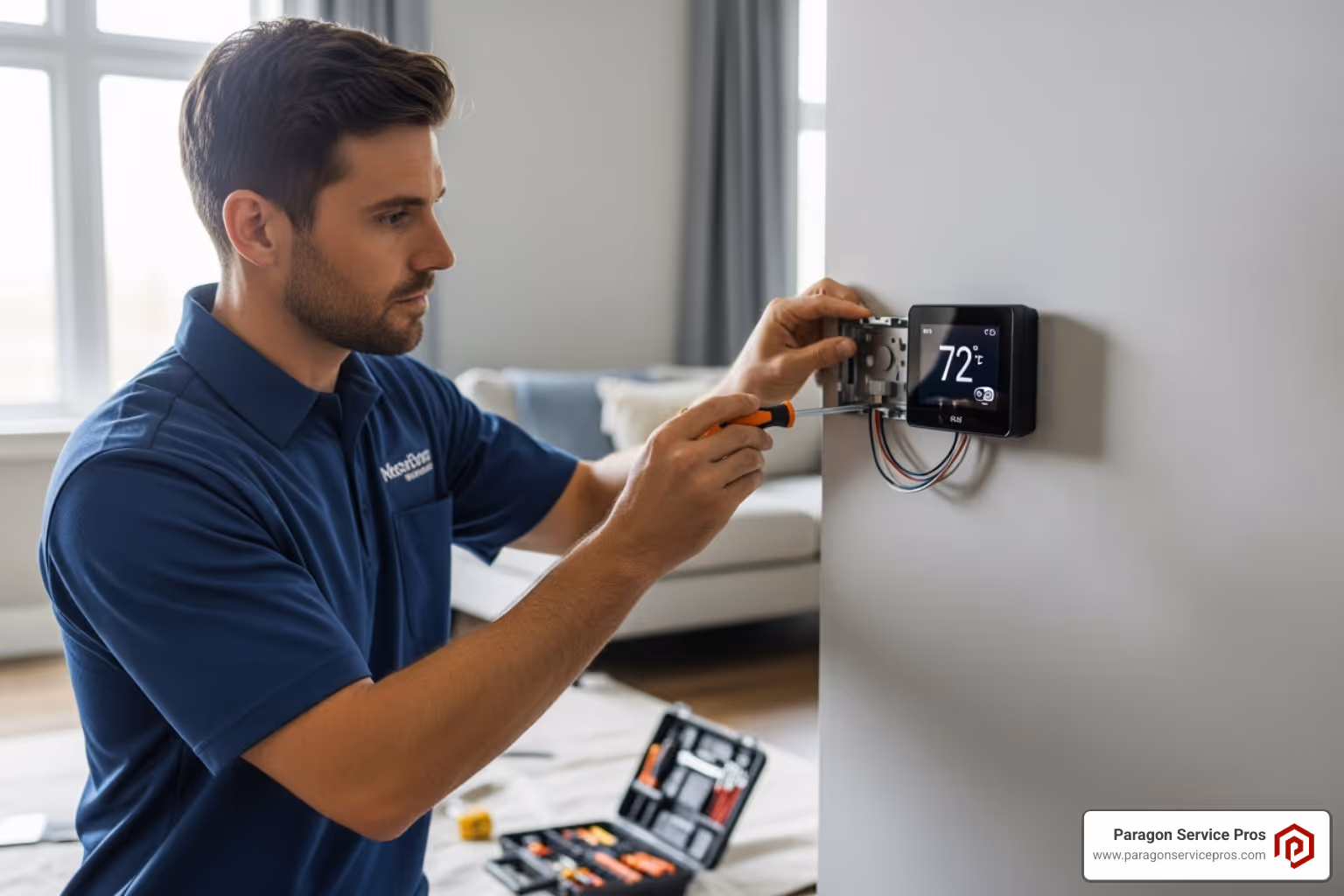 A professional technician neatly installing a smart thermostat - smart thermostat installation american fork, ut