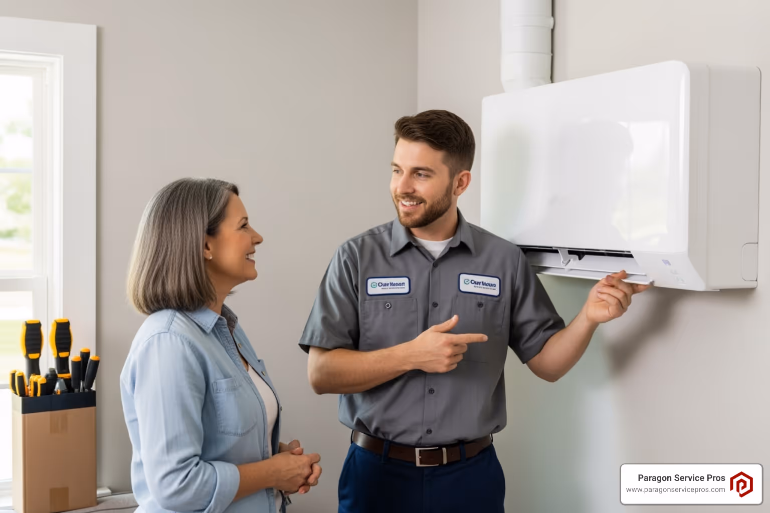 technician showing homeowner completed installation - ac installation queen creek, az
