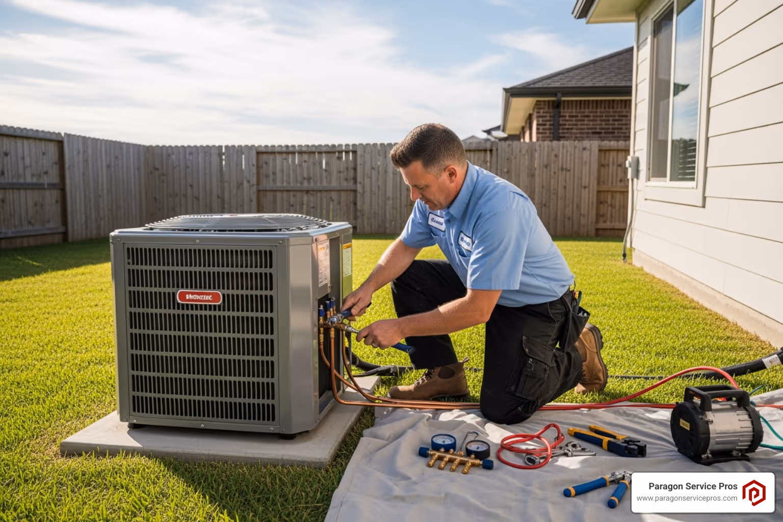 certified technician installing outdoor AC unit - ac installation queen creek, az