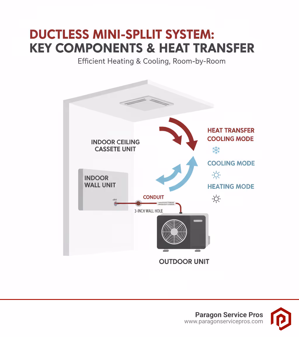 Infographic showing the key components of a ductless mini-split system: outdoor compressor/condenser unit connected via refrigerant lines and electrical conduit through a small three-inch wall hole to indoor air-handling units mounted on walls or ceilings, with arrows indicating heat transfer for both cooling and heating modes - ductless mini split installation american fork, ut infographic 