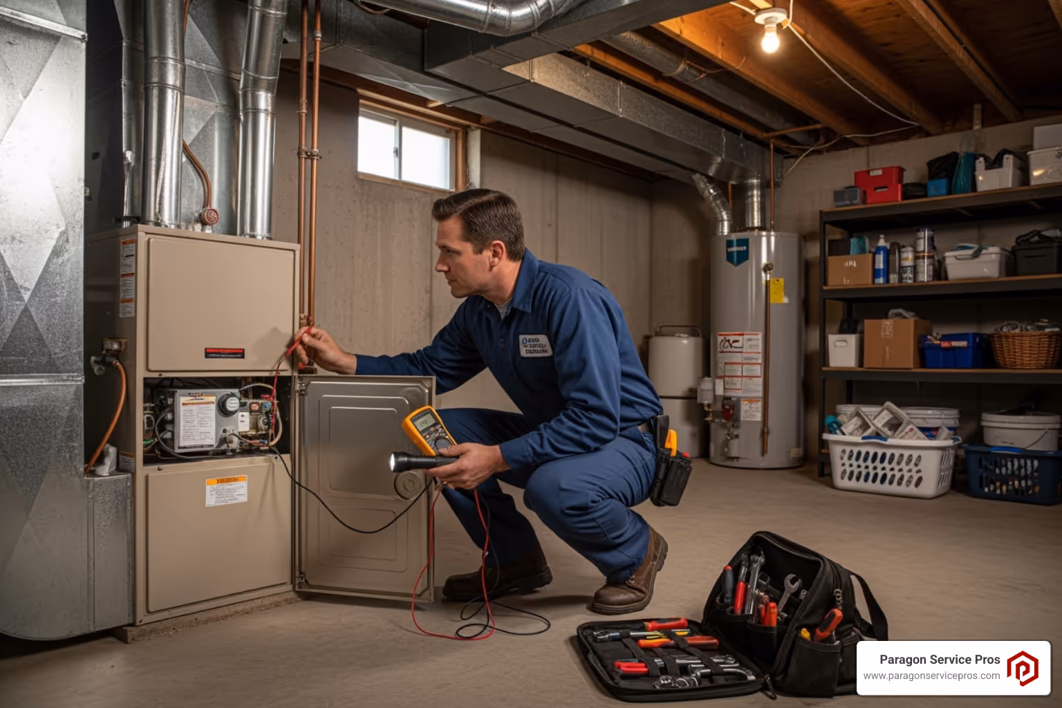 Professional HVAC technician inspecting a furnace in a residential basement - furnace repair american fork, ut