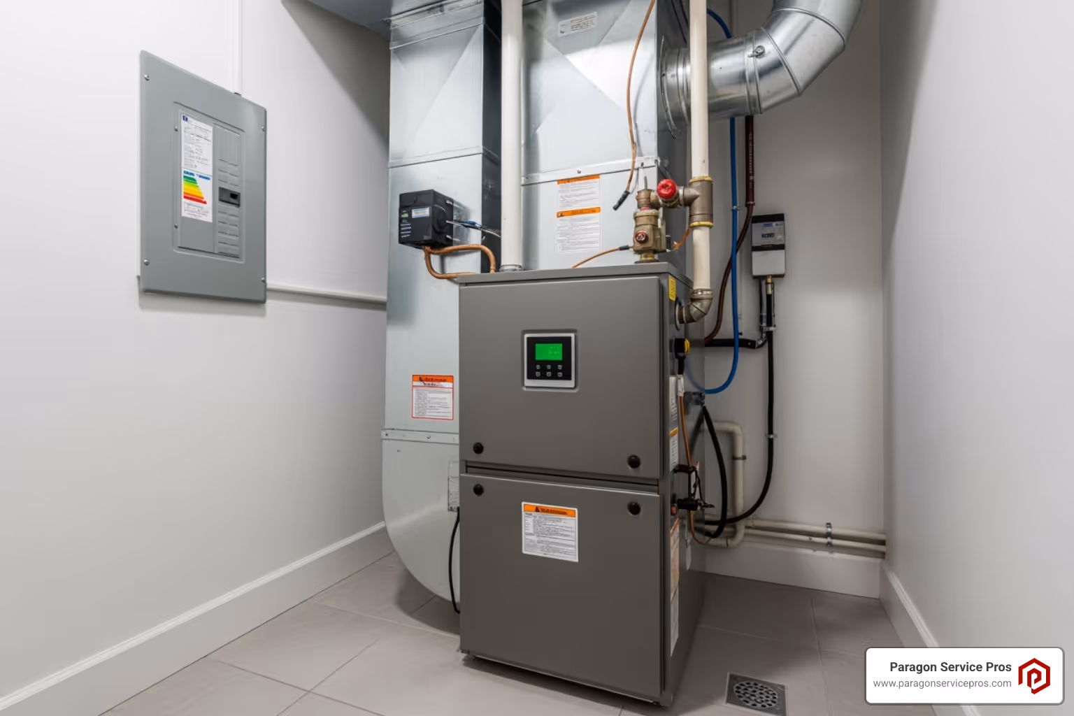 A shiny new, modern high-efficiency furnace installed in a utility closet - furnace repair american fork, ut