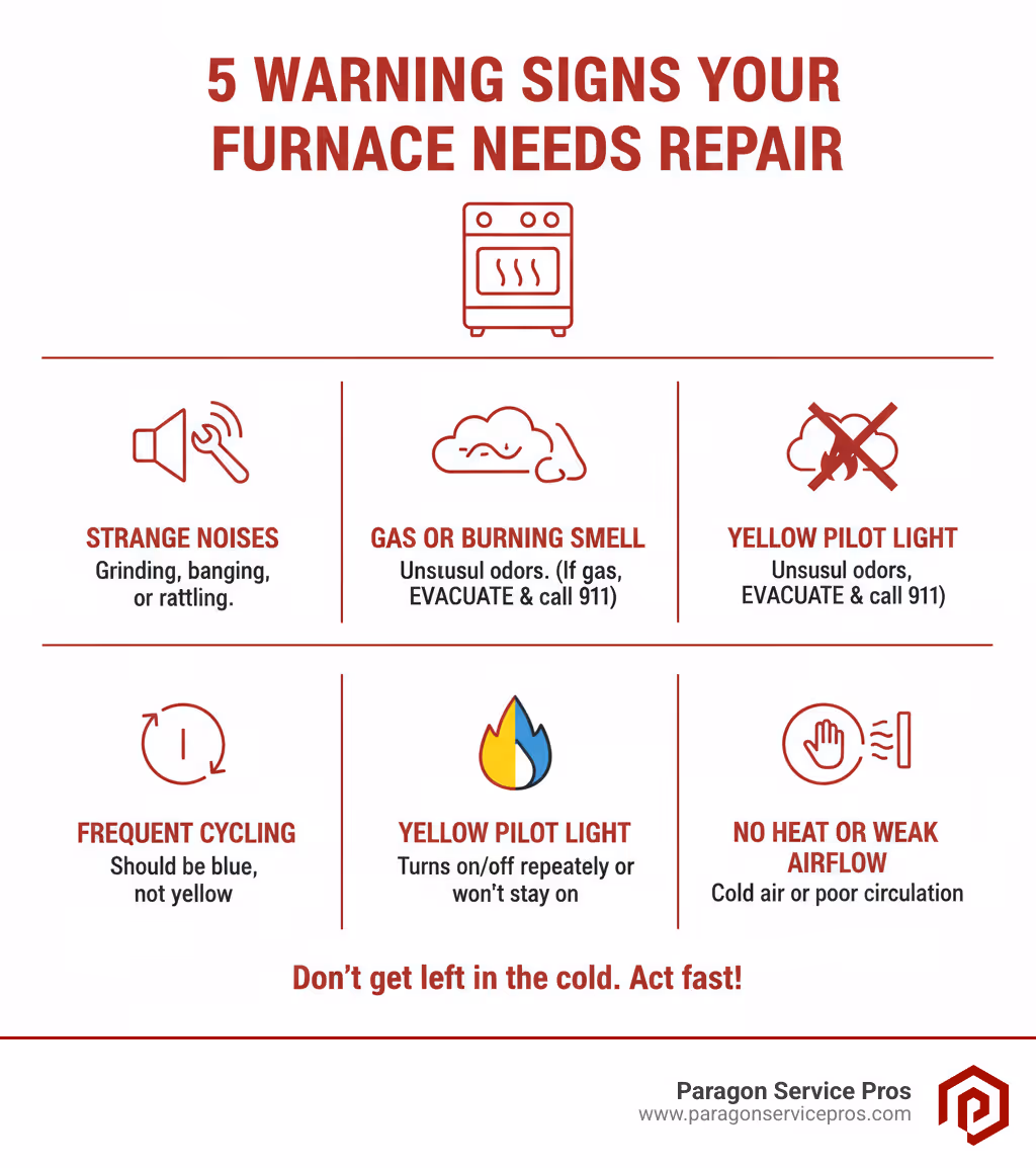 Infographic showing the top 5 warning signs your furnace needs immediate repair: 1) Strange noises like grinding or banging, 2) Gas or burning smell, 3) Yellow pilot light instead of blue, 4) Frequent cycling or won't stay on, 5) No heat or weak airflow - furnace repair american fork, ut infographic 