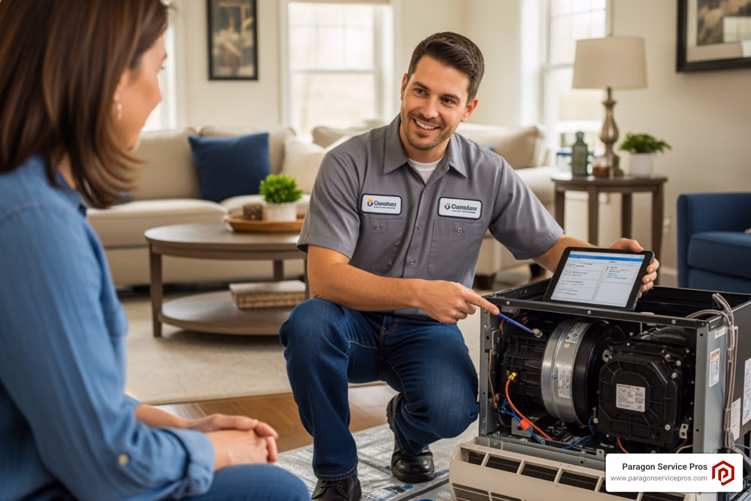 friendly HVAC technician explaining diagnosis to homeowner - ac repair bluffdale, ut