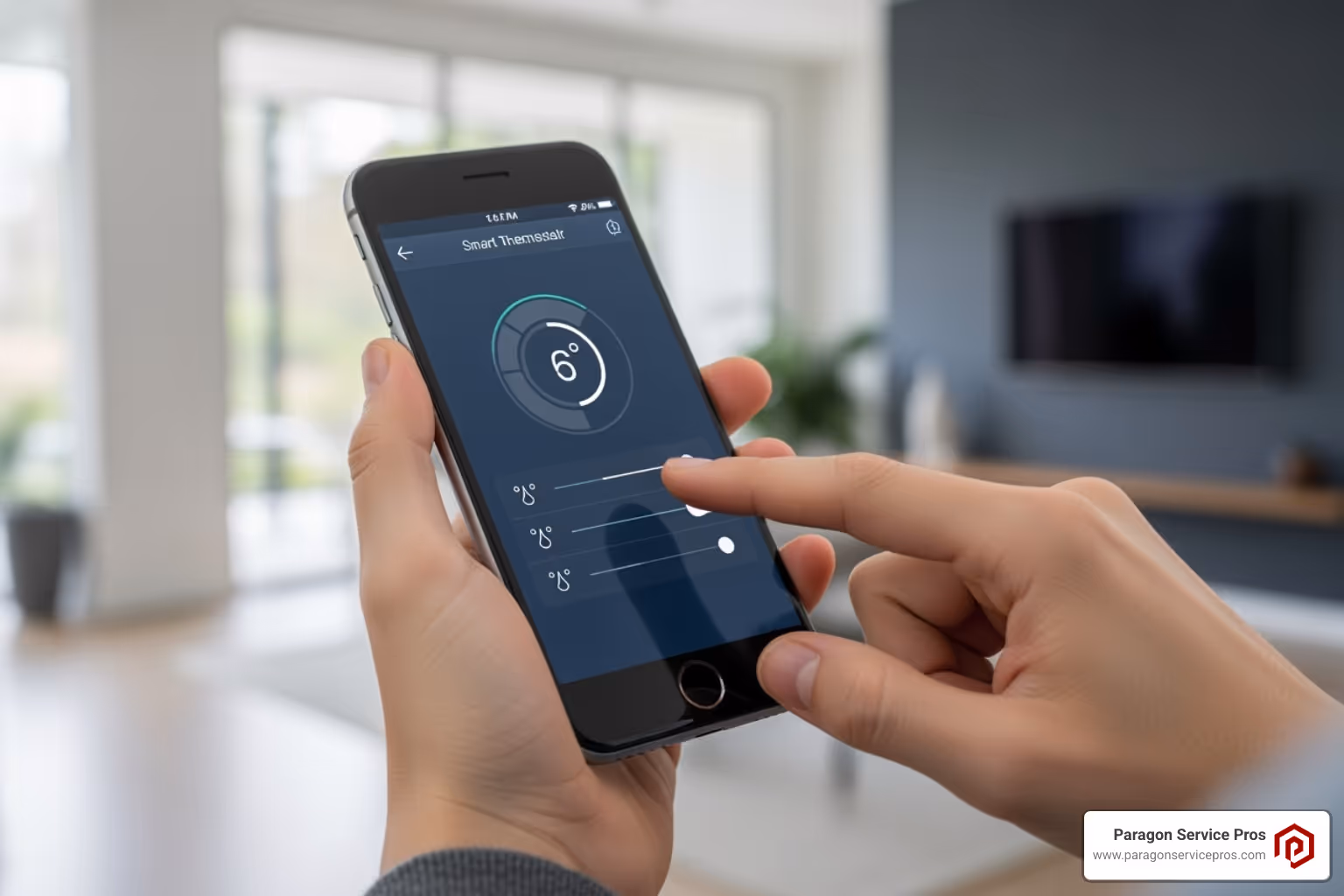 A person using a smartphone app to adjust their smart thermostat settings, showcasing remote control capabilities - smart thermostat installation bluffdale, ut