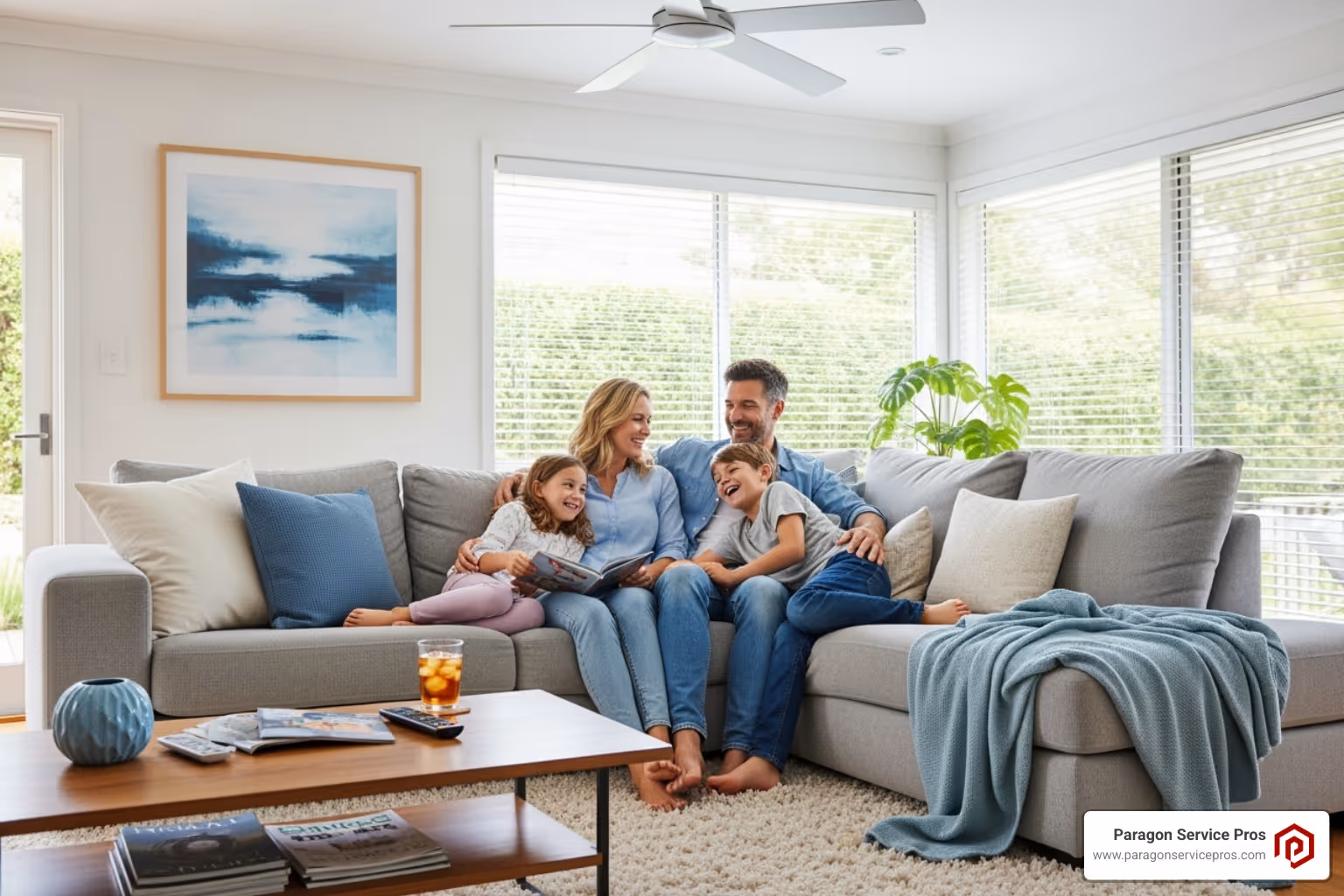 Image of a happy family relaxing in a comfortable, cool living room - smart thermostat installation chandler, az