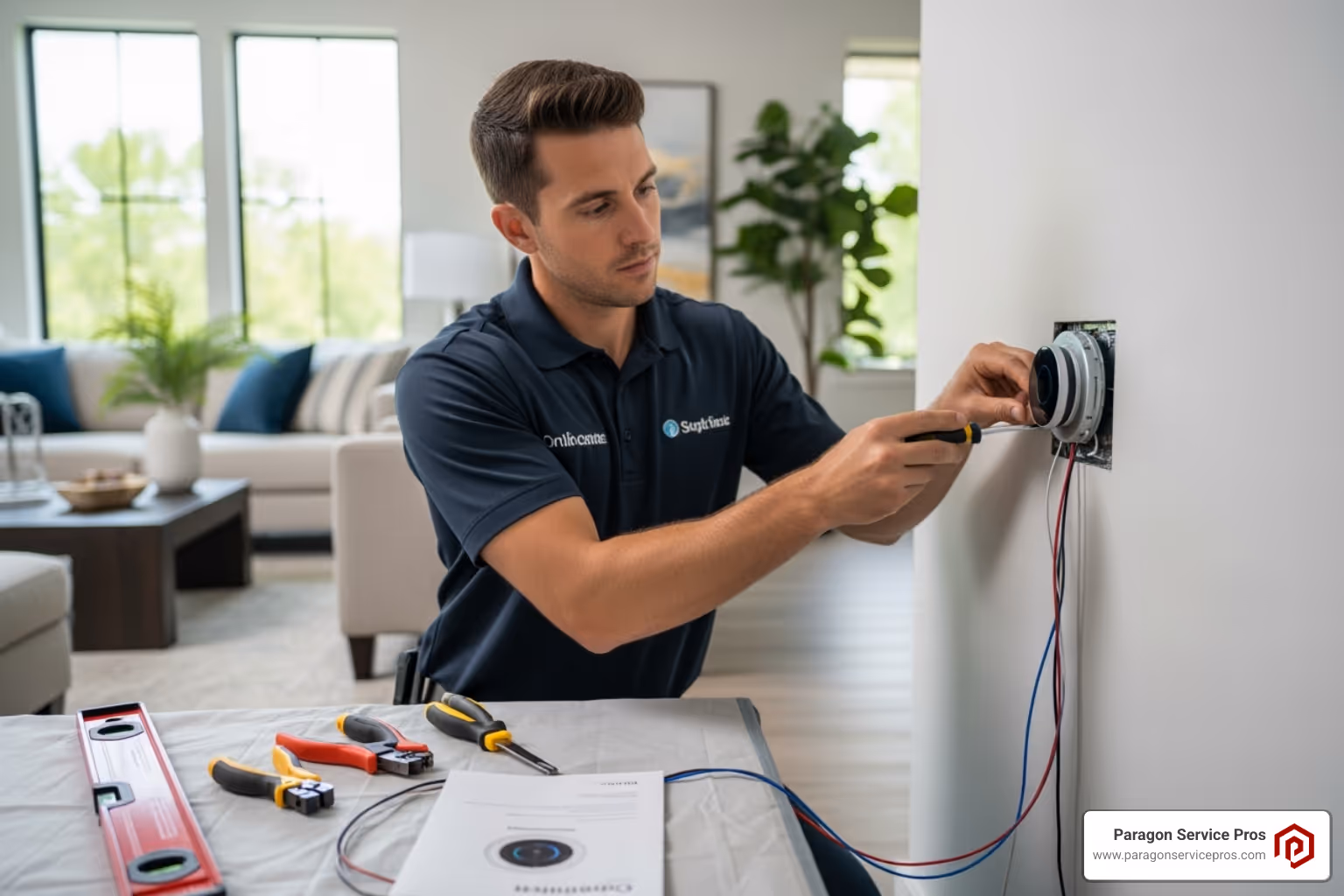Image of a professional technician neatly installing a smart thermostat - smart thermostat installation chandler, az