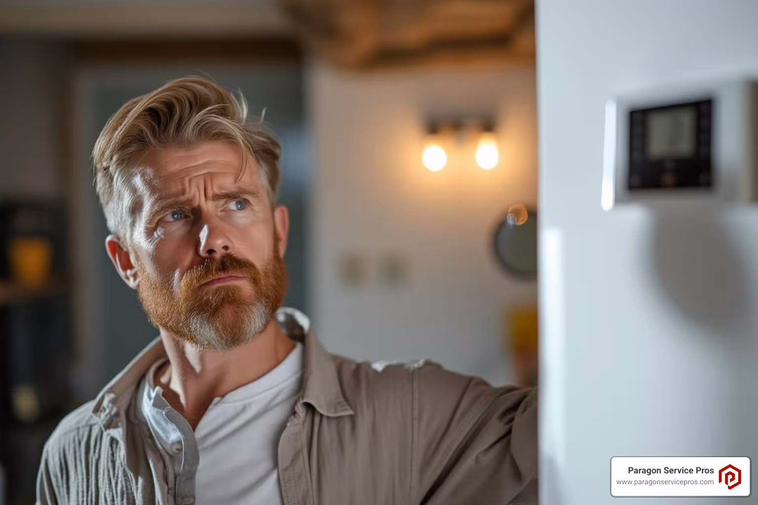 A homeowner looking concerned at their furnace thermostat - furnace repair chandler, az