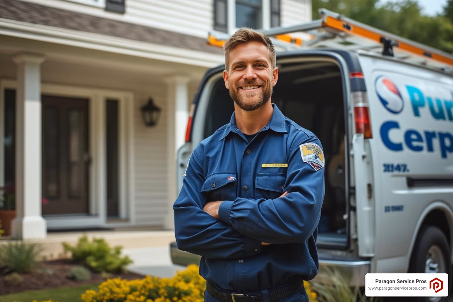 A professional, uniformed technician standing by a clean service van - furnace repair chandler, az