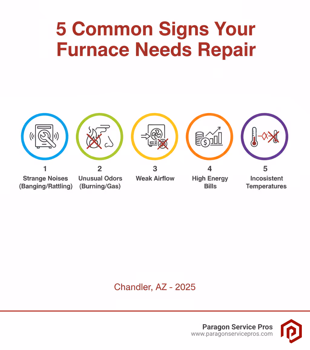 Infographic showing 5 common signs your furnace needs repair: 1) Strange banging or rattling noises from the unit, 2) Unusual burning or gas-like odors, 3) Weak airflow or no air coming from vents, 4) Unexpectedly high energy bills compared to previous months, 5) Thermostat not responding or inconsistent temperatures throughout the home - furnace repair chandler, az infographic 