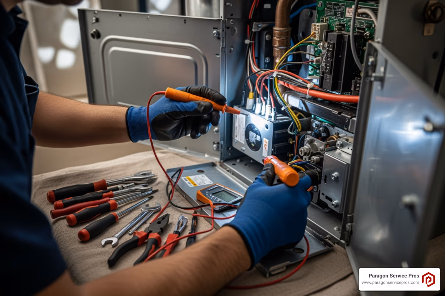 A technician's hands working on an internal furnace component - furnace repair chandler, az