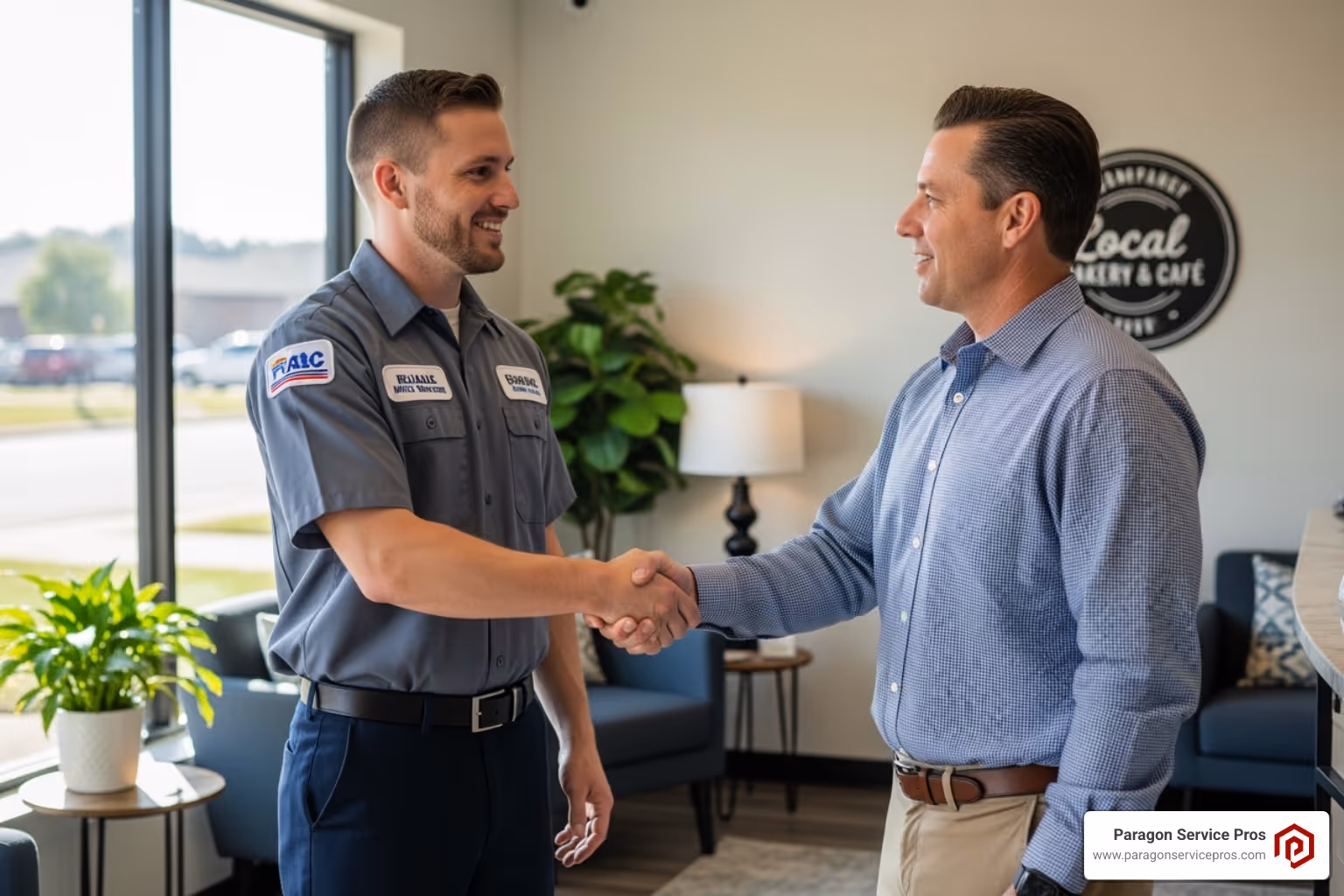 a friendly technician shaking hands with a business owner - commercial hvac services gilbert, az
