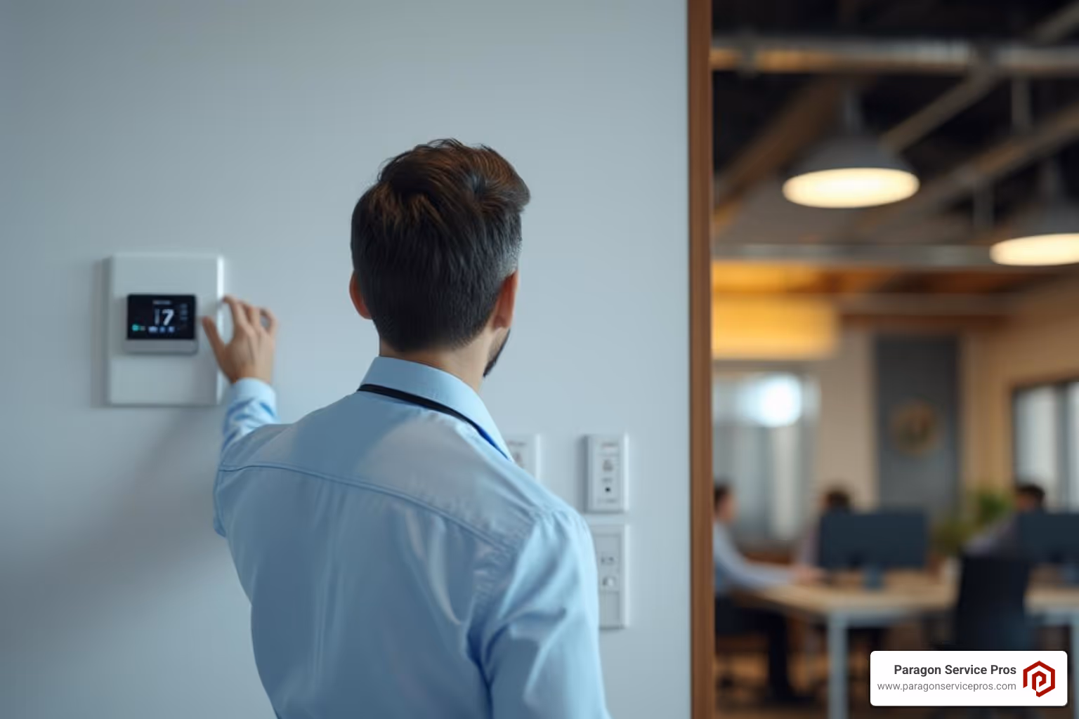 an office manager looking concerned at a thermostat - commercial hvac services gilbert, az