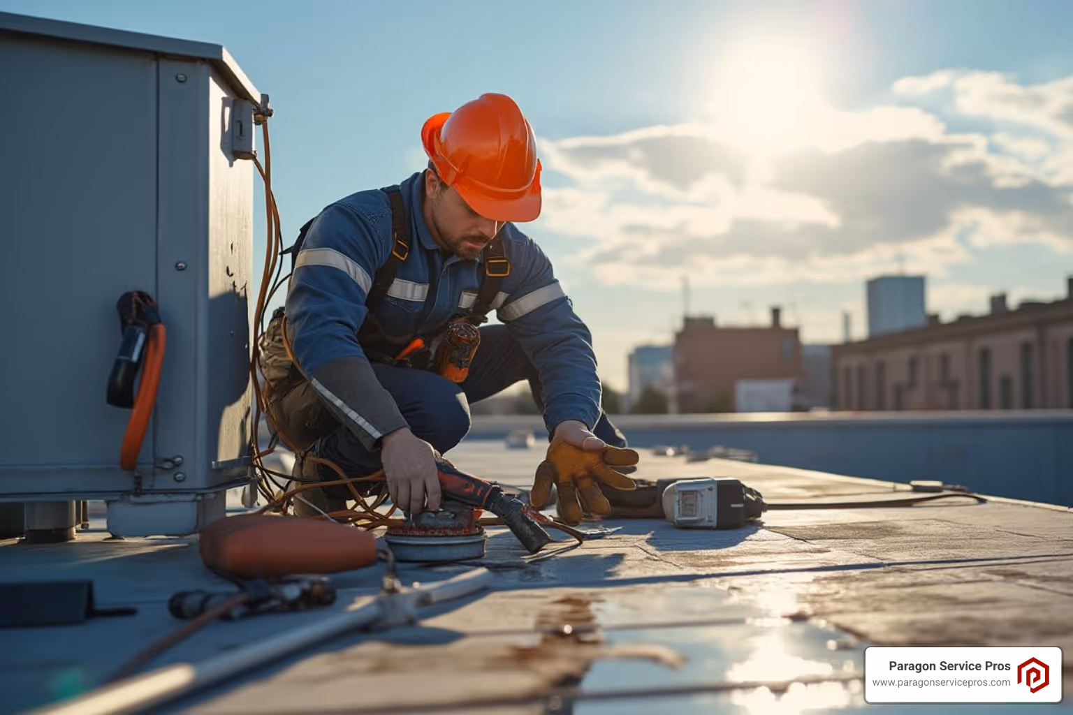 a technician performing maintenance on a commercial rooftop unit - commercial hvac services gilbert, az