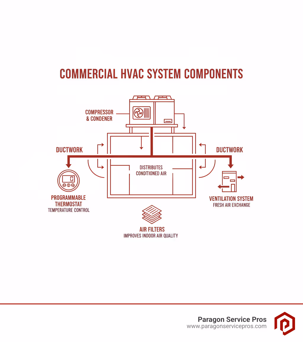 infographic showing commercial HVAC system components including rooftop unit with compressor and condenser, ductwork distributing conditioned air throughout building, programmable thermostat for temperature control, ventilation system for fresh air exchange, and air filters for indoor air quality - commercial hvac services gilbert, az infographic 