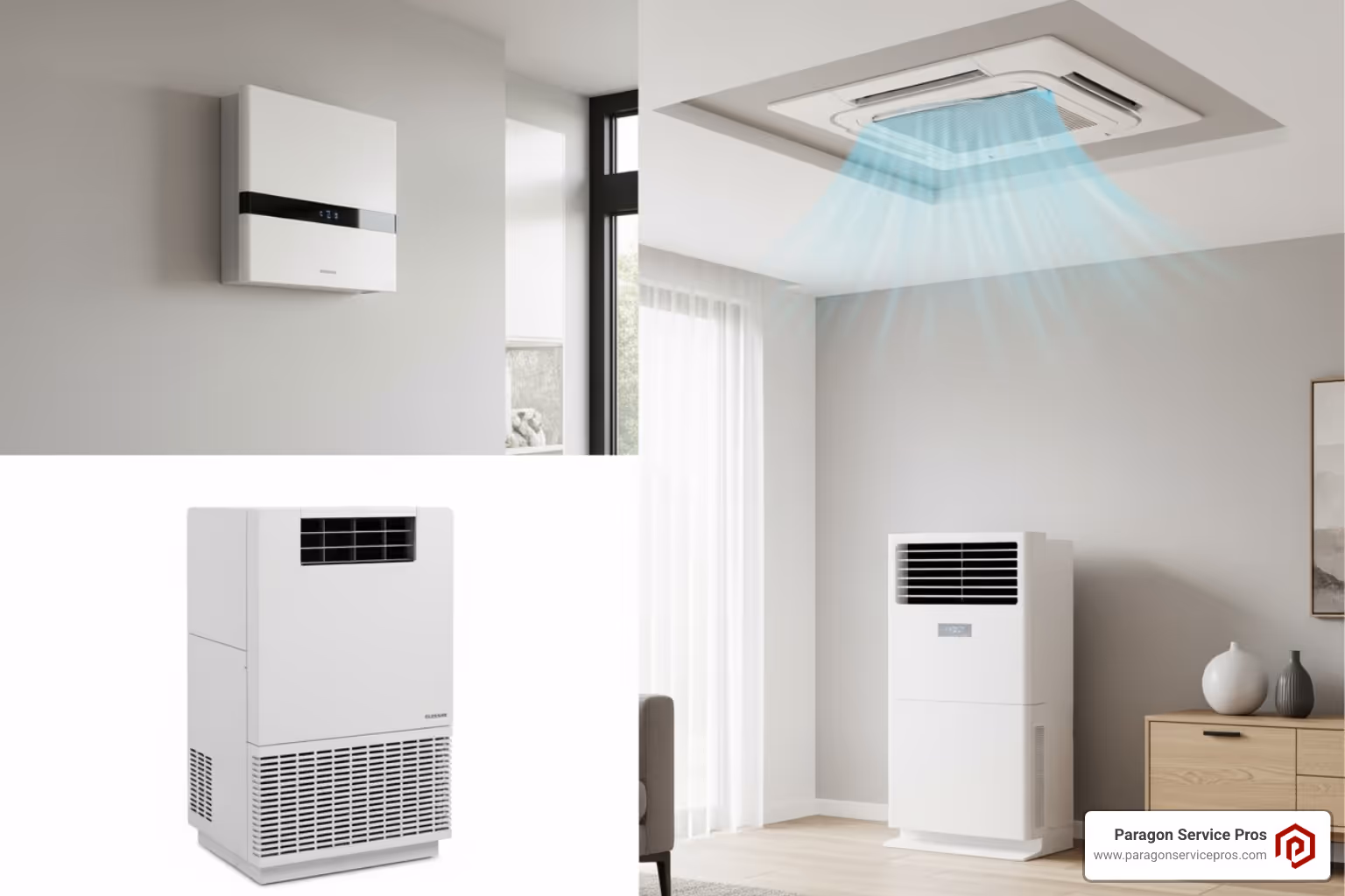 Image showing different types of indoor units: a wall-mounted unit, a ceiling cassette, and a floor console - ductless mini split installation gold canyon, az