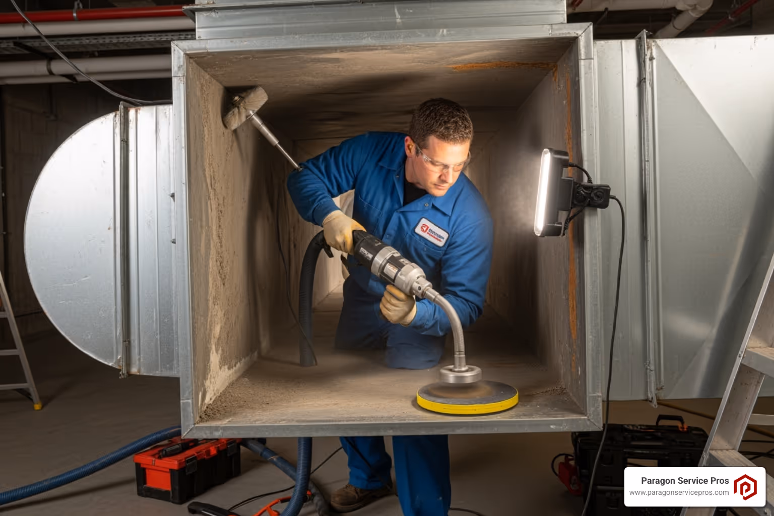 A technician using a rotary brush inside a duct - air duct cleaning chandler, az