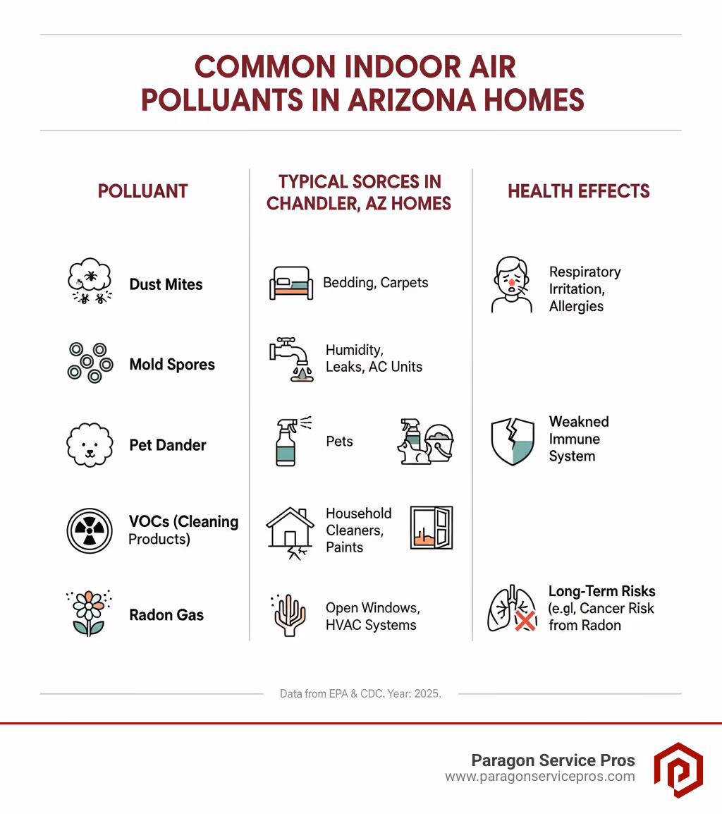 infographic showing common indoor air pollutants including dust mites, mold spores, pet dander, VOCs from cleaning products, radon gas from soil, and pollen, with their typical sources in Arizona homes and health effects like respiratory irritation, allergies, and long-term risks - indoor air quality testing chandler, az infographic 