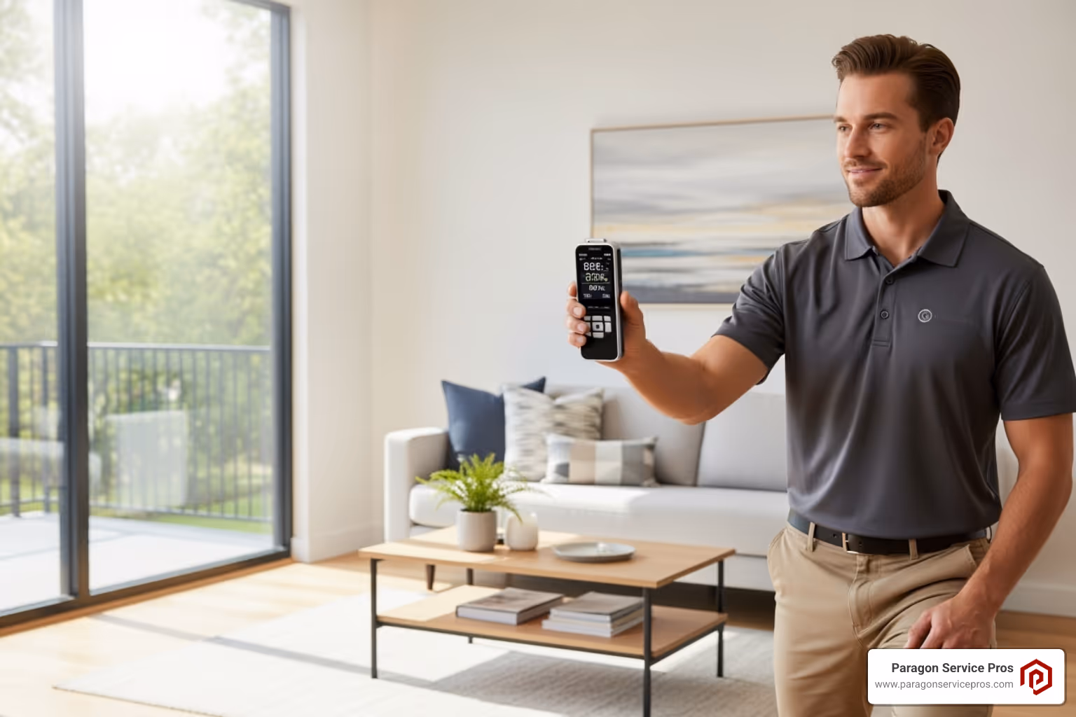 technician using an air sampling device in a home - indoor air quality testing chandler, az
