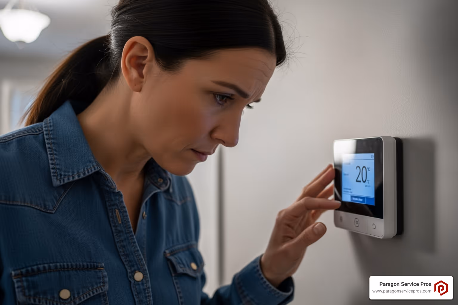 A homeowner looking at their thermostat with a concerned expression - furnace repair gilbert, az