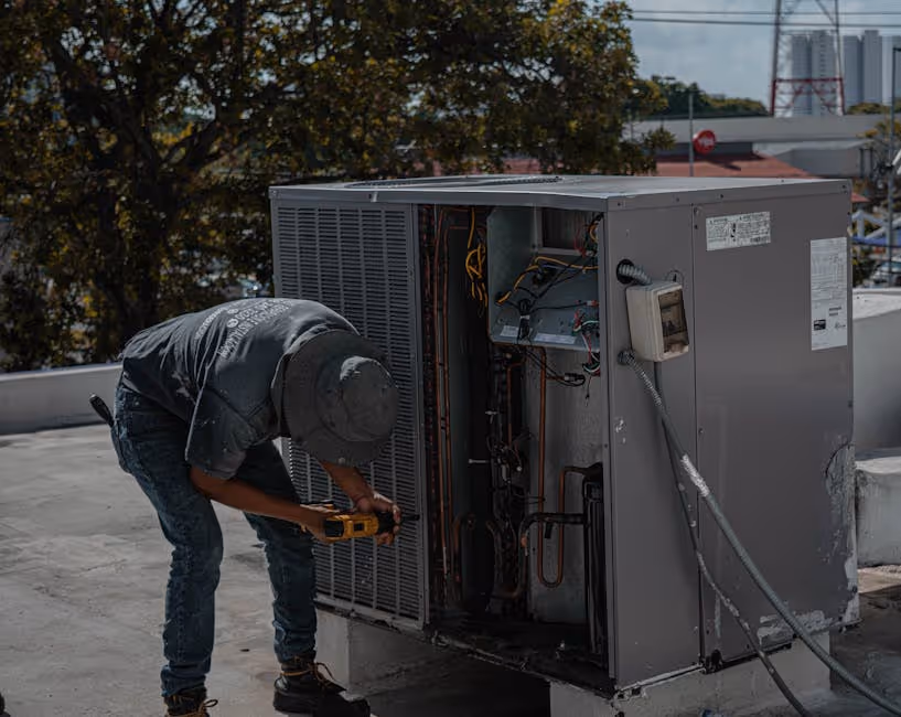 technician working on a large commercial rooftop unit - commercial hvac services gold canyon, az