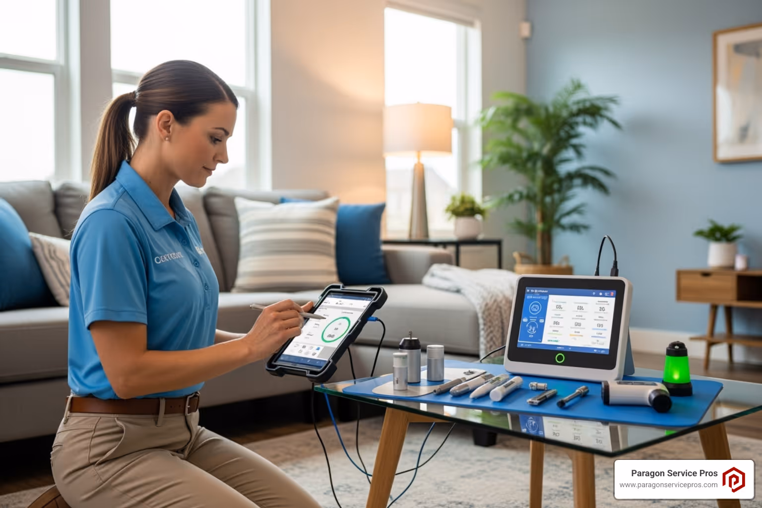 certified technician using specialized equipment to test air in a residential living room - indoor air quality testing gilbert, az