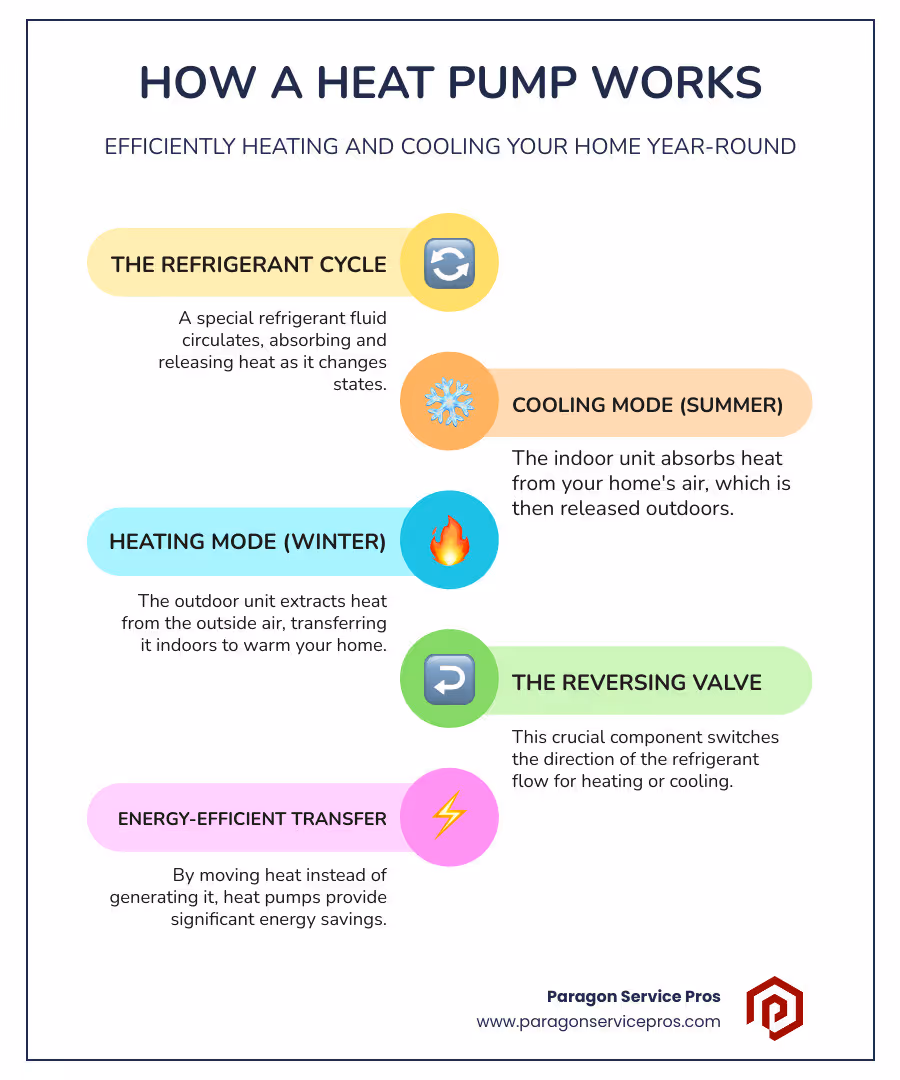 infographic showing how heat pumps transfer heat in cooling mode during summer and heating mode during winter, with labels for outdoor unit, indoor air handler, refrigerant lines, and reversing valve - heat pump installation mesa, az infographic infographic-line-5-steps-colors