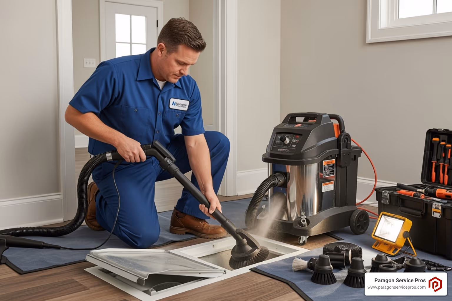 technician using a high-powered vacuum and brush system on a duct - air duct cleaning gilbert, az