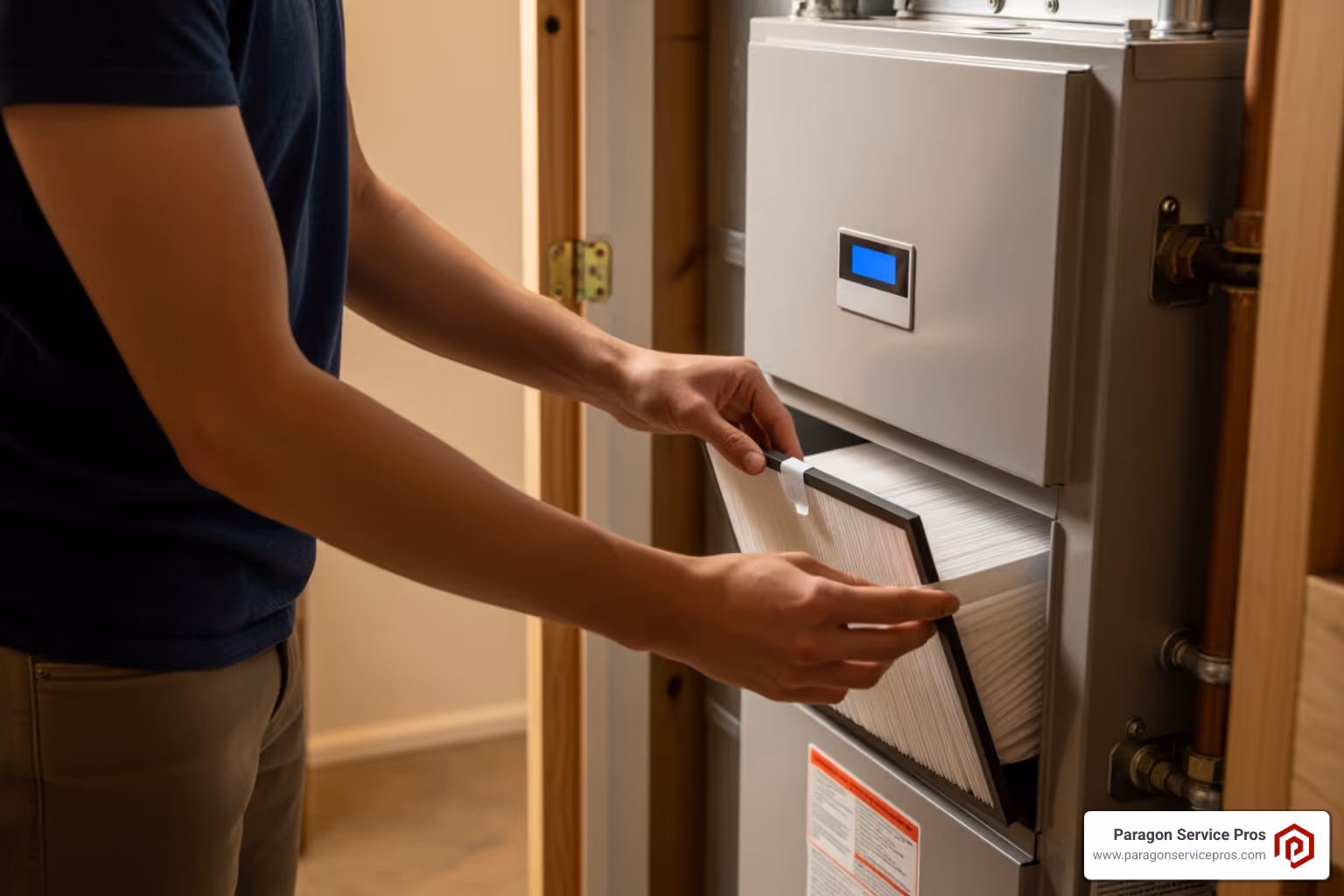 A homeowner changing a furnace filter, demonstrating a simple DIY maintenance task - furnace repair provo ut