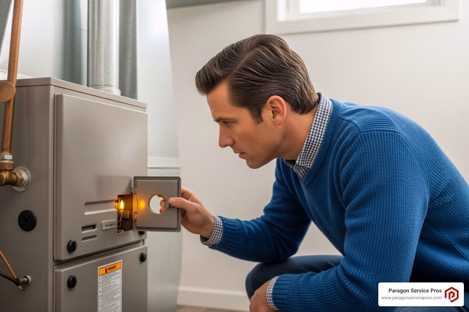 Infographic showing the top 5 warning signs a furnace needs immediate attention: no heat or weak airflow from vents, unusual noises like banging or squealing, burning or gas odors, yellow or flickering pilot light, and unexplained increases in energy bills - furnace repair provo ut