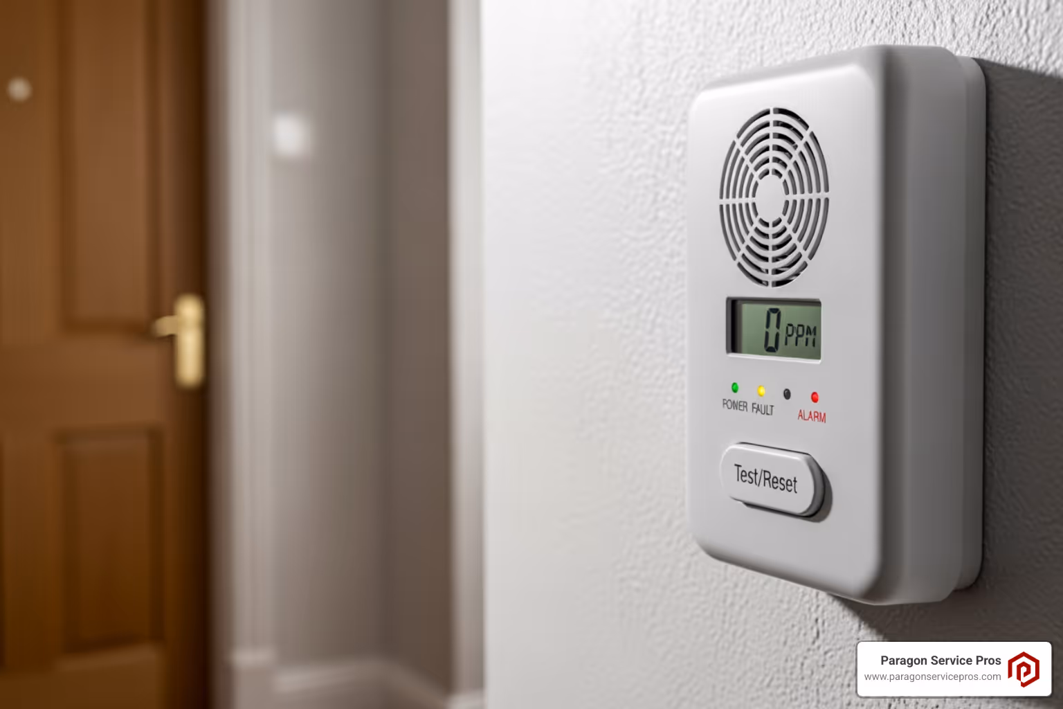 A carbon monoxide detector mounted on a wall in a hallway - furnace repair provo ut