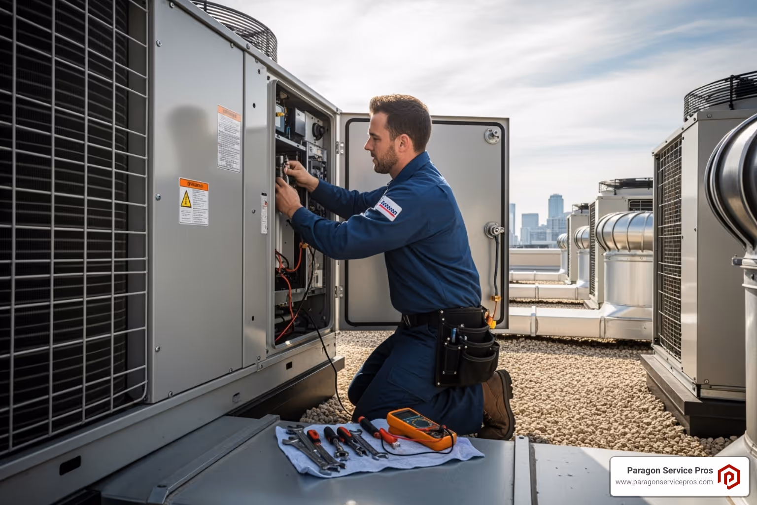 technician working on a commercial HVAC system - commercial hvac services mesa, az