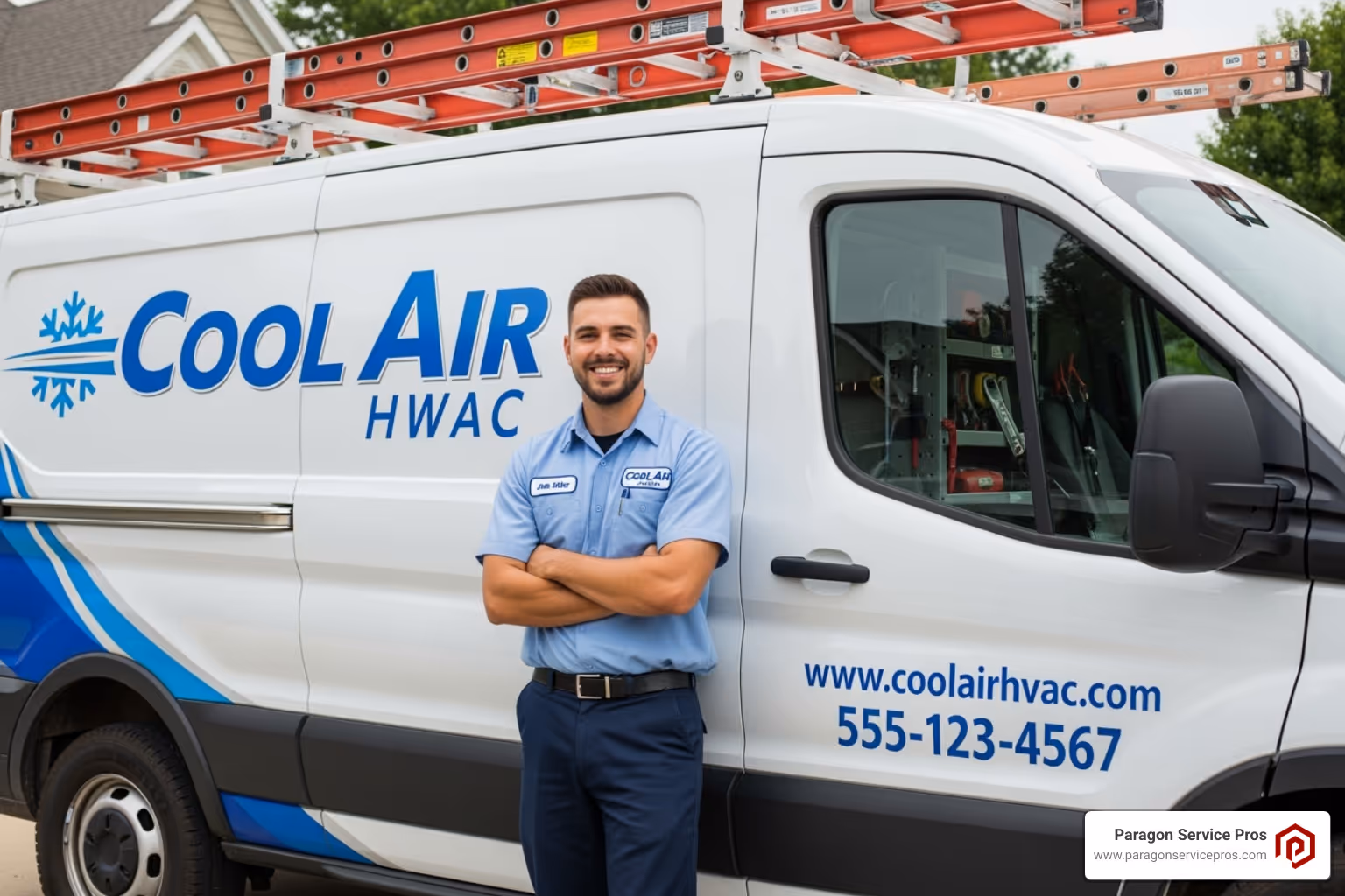 A friendly HVAC technician in uniform smiling next to a company van, representing reputable service - furnace repair gold canyon, az