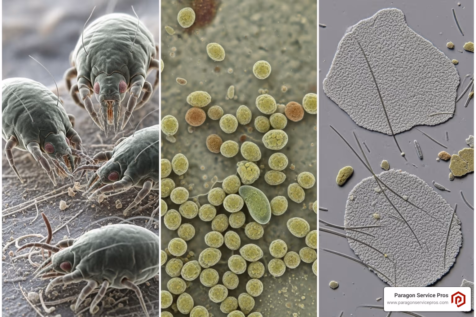 Microscopic views of dust mites, mold spores, and pet dander, illustrating common indoor allergens - indoor air quality testing gold canyon, az