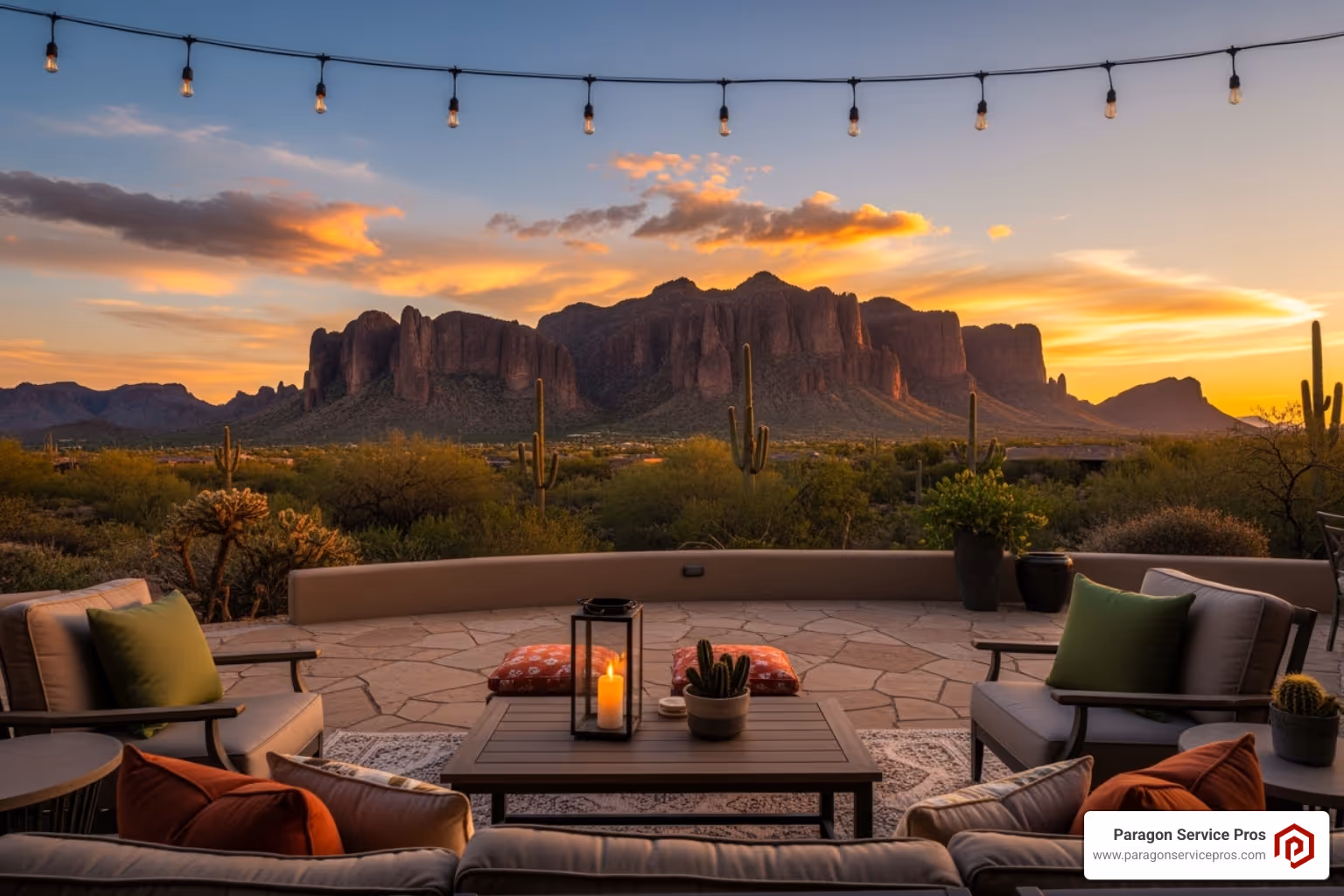 The Superstition Mountains at sunset, viewed from a Gold Canyon home's patio, emphasizing the beauty and comfort of a healthy home environment - indoor air quality testing gold canyon, az