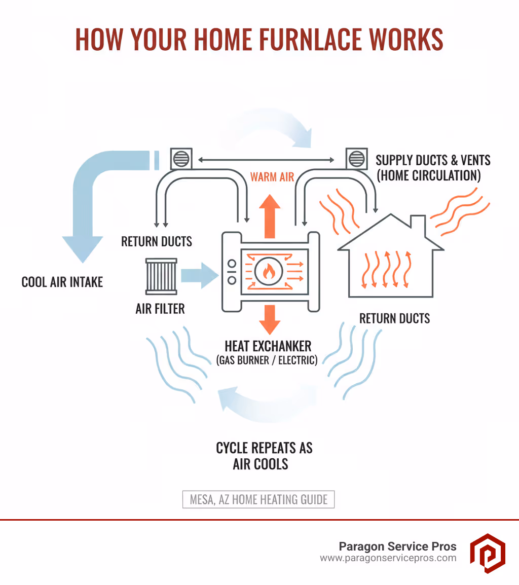 Infographic showing how a home furnace works: cool air enters through return ducts, passes through air filter, gets heated by gas burner or electric heating element, warm air circulates through supply ducts and vents throughout the home, cycle repeats as air cools and returns to furnace - furnace repair mesa, az infographic 