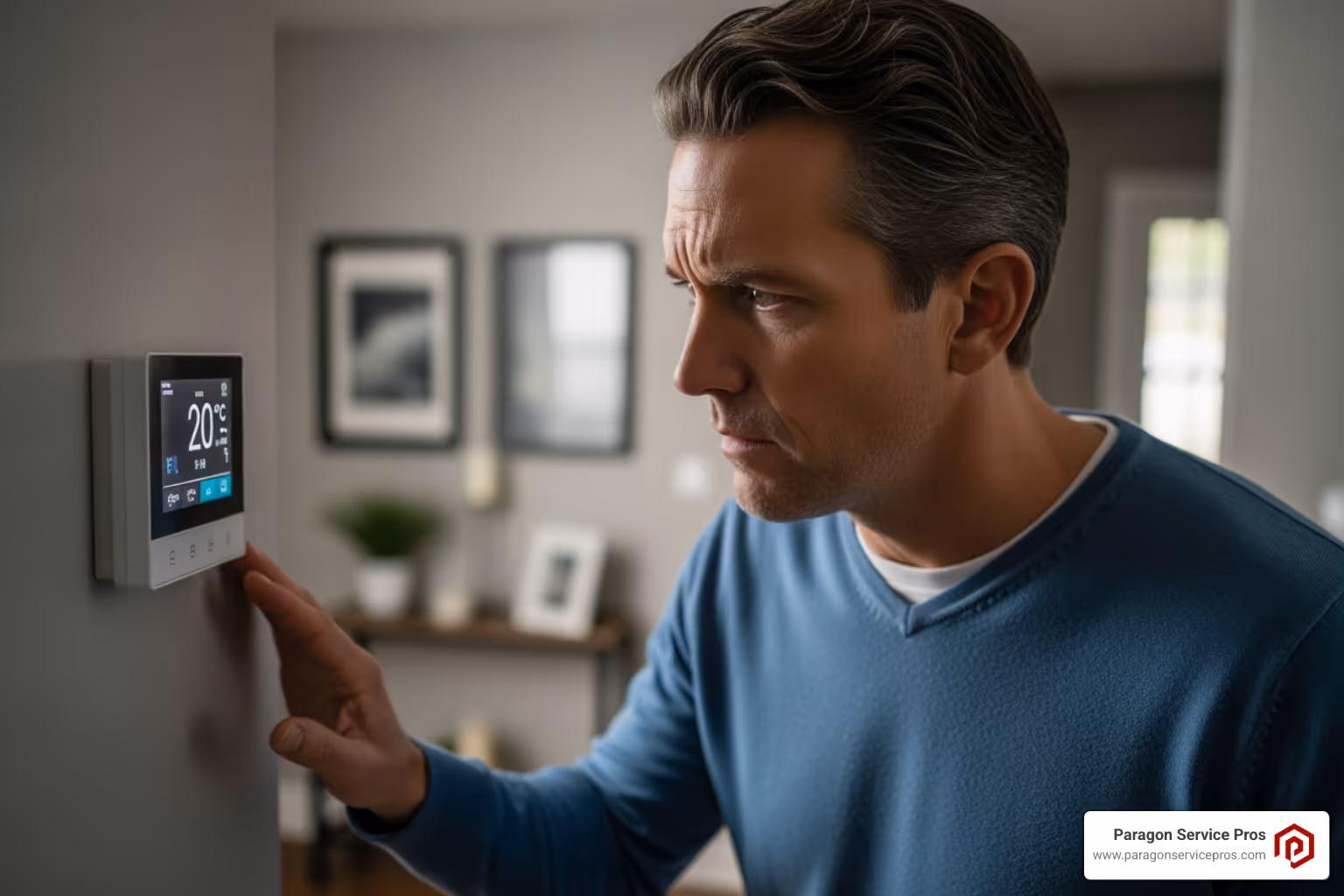 a homeowner looking concerned at their thermostat - furnace repair mesa, az
