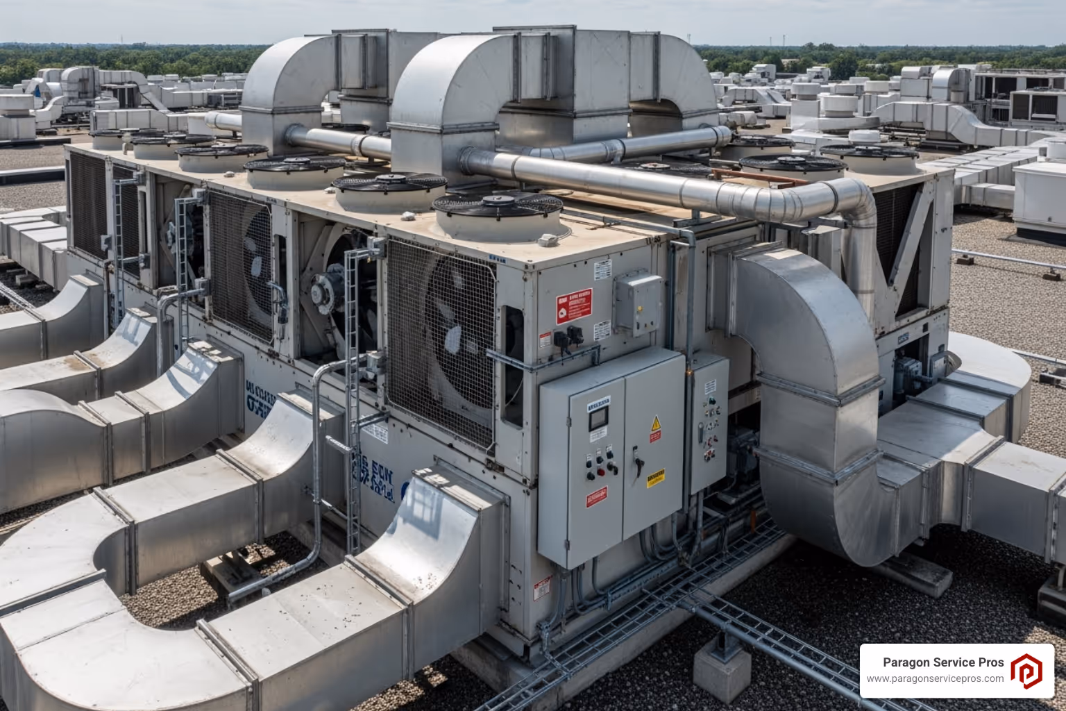 A commercial rooftop HVAC unit showing its various components, highlighting its size and complexity compared to residential units. - commercial hvac services american fork, ut