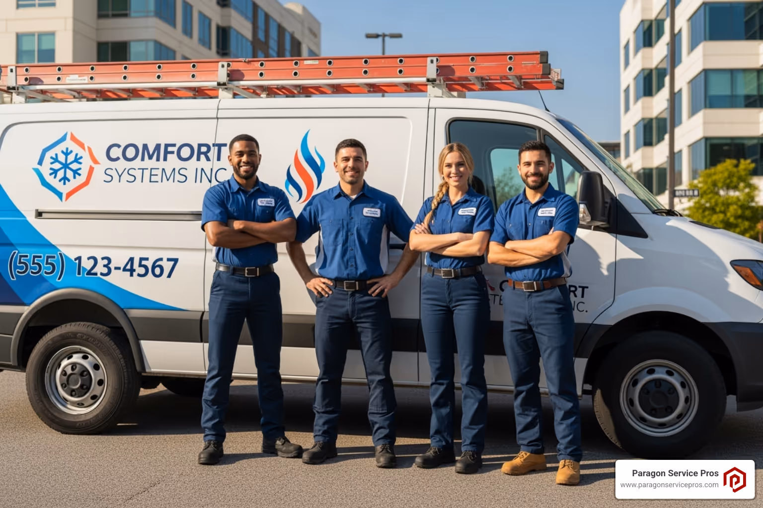 A professional HVAC team stands proudly in front of their modern service van, ready to provide expert commercial HVAC services. - commercial hvac services american fork, ut