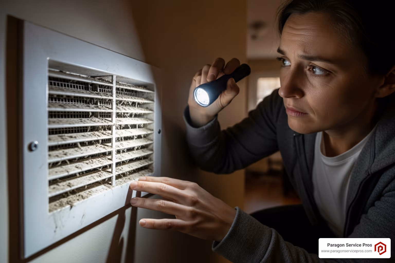 person looking concerned at a dusty air vent - indoor air quality testing mesa, az