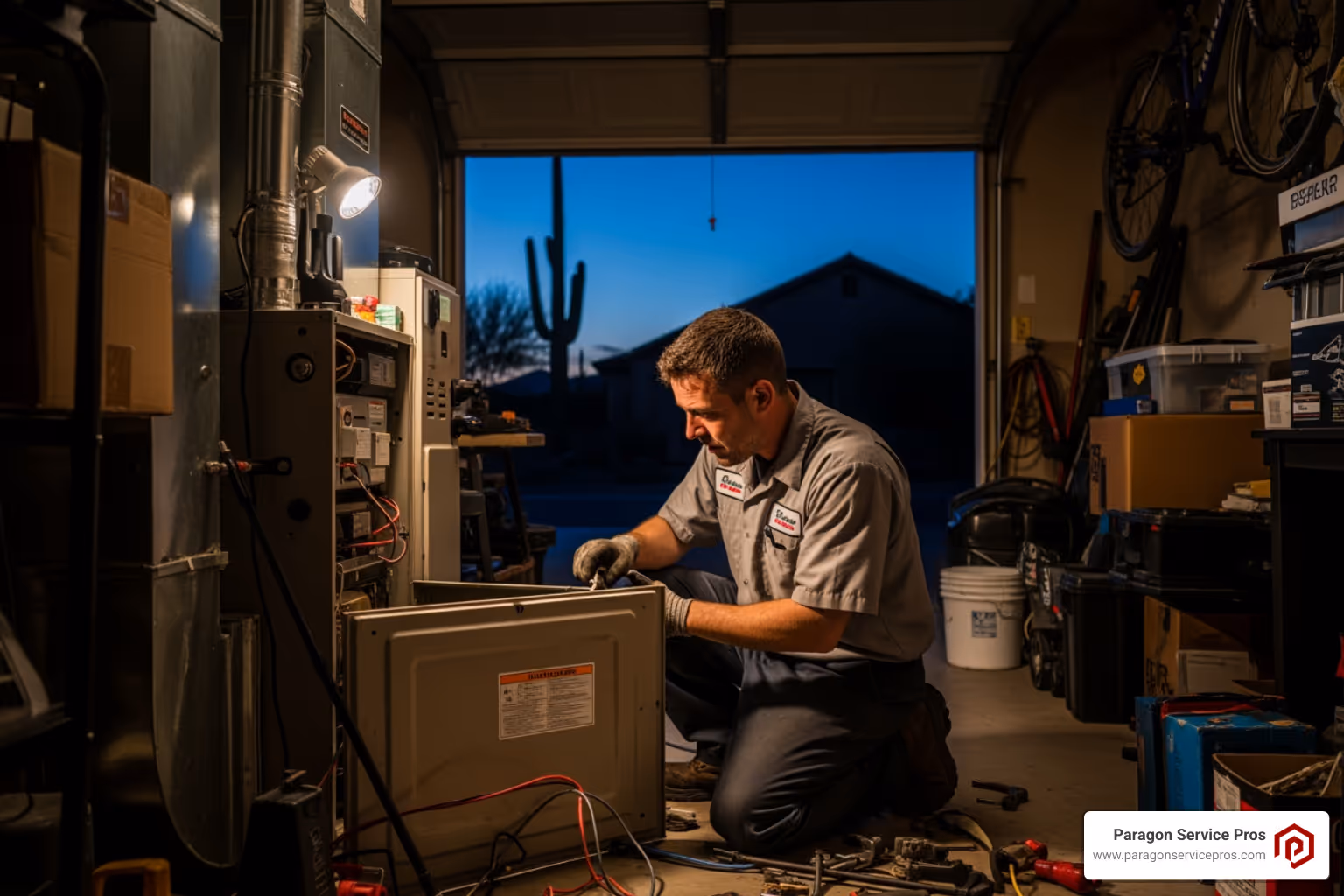 Infographic showing three critical furnace emergency signs: a red gas meter icon with text "Gas Smell - Evacuate Now", a yellow CO detector icon with text "CO Alarm - Get Outside", and a blue snowflake icon with text "No Heat - Call Professional" - emergency furnace maintenance in queen creek, az