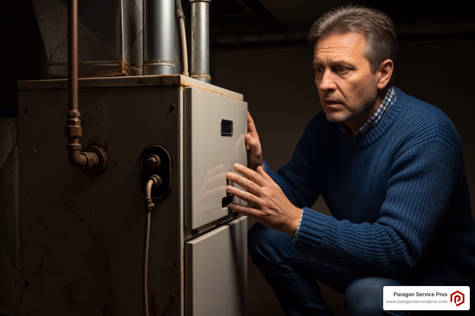 Infographic showing the top 5 signs your furnace needs replacement: age over 15 years, frequent repairs, rising energy bills, uneven heating throughout rooms, and unusual noises or burning smells - furnace replacement deals in queen creek, az