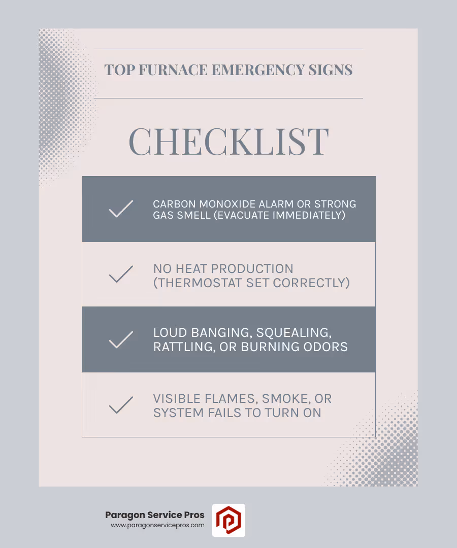 infographic showing five critical warning signs requiring immediate furnace repair: no heat production with thermostat set correctly, strong gas or burning electrical smell, carbon monoxide detector alarm, furnace making loud banging or screeching sounds, and visible flames or smoke from the unit, each with safety icons and immediate action steps - emergency furnace repair in mesa, az infographic checklist-light-blue-grey