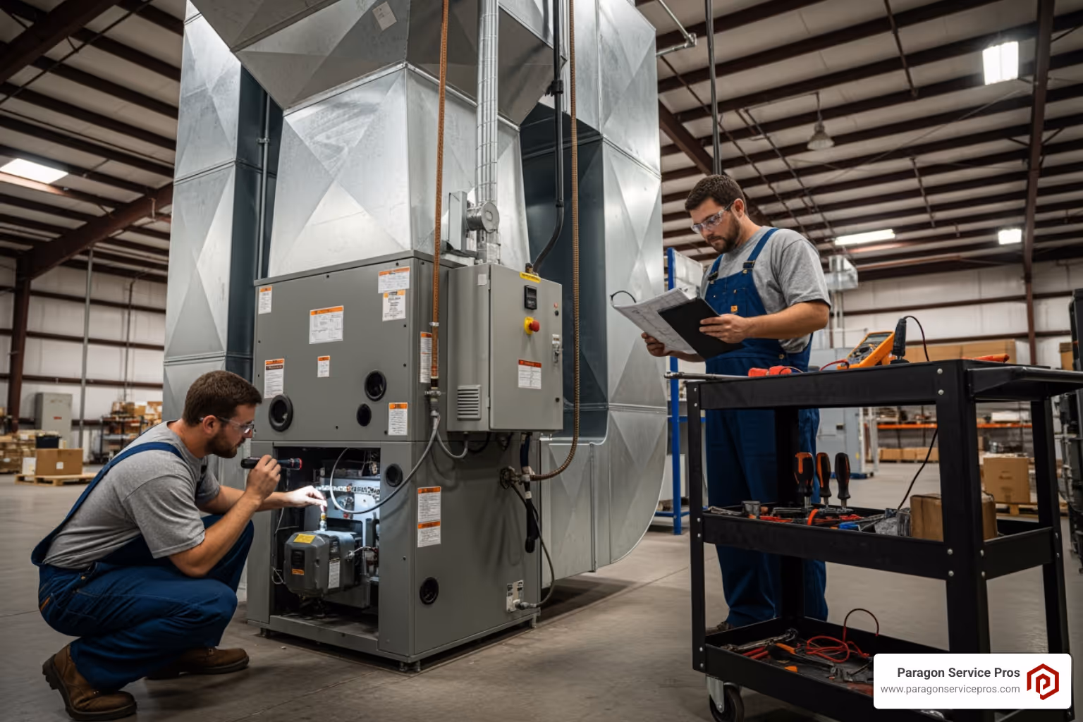 infographic showing 5 warning signs: unusual noises like banging or grinding, uneven heating across building zones, sudden spike in energy bills, frequent on-off cycling, and burning or gas odors - commercial furnace repair in gilbert, az