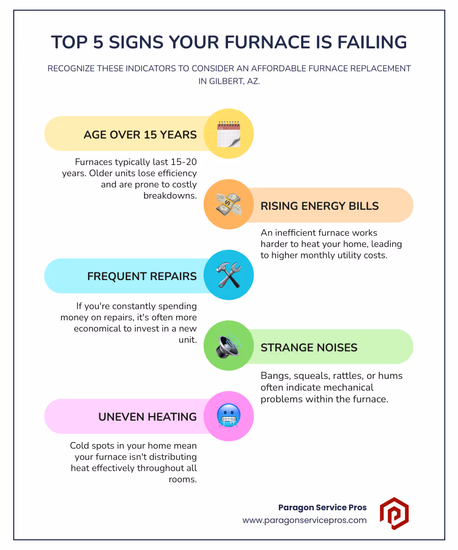 infographic showing the top 5 signs your furnace is failing: age over 15 years, rising energy bills, frequent repairs, strange noises, and uneven heating throughout the home - affordable furnace replacement in gilbert, az infographic infographic-line-5-steps-colors
