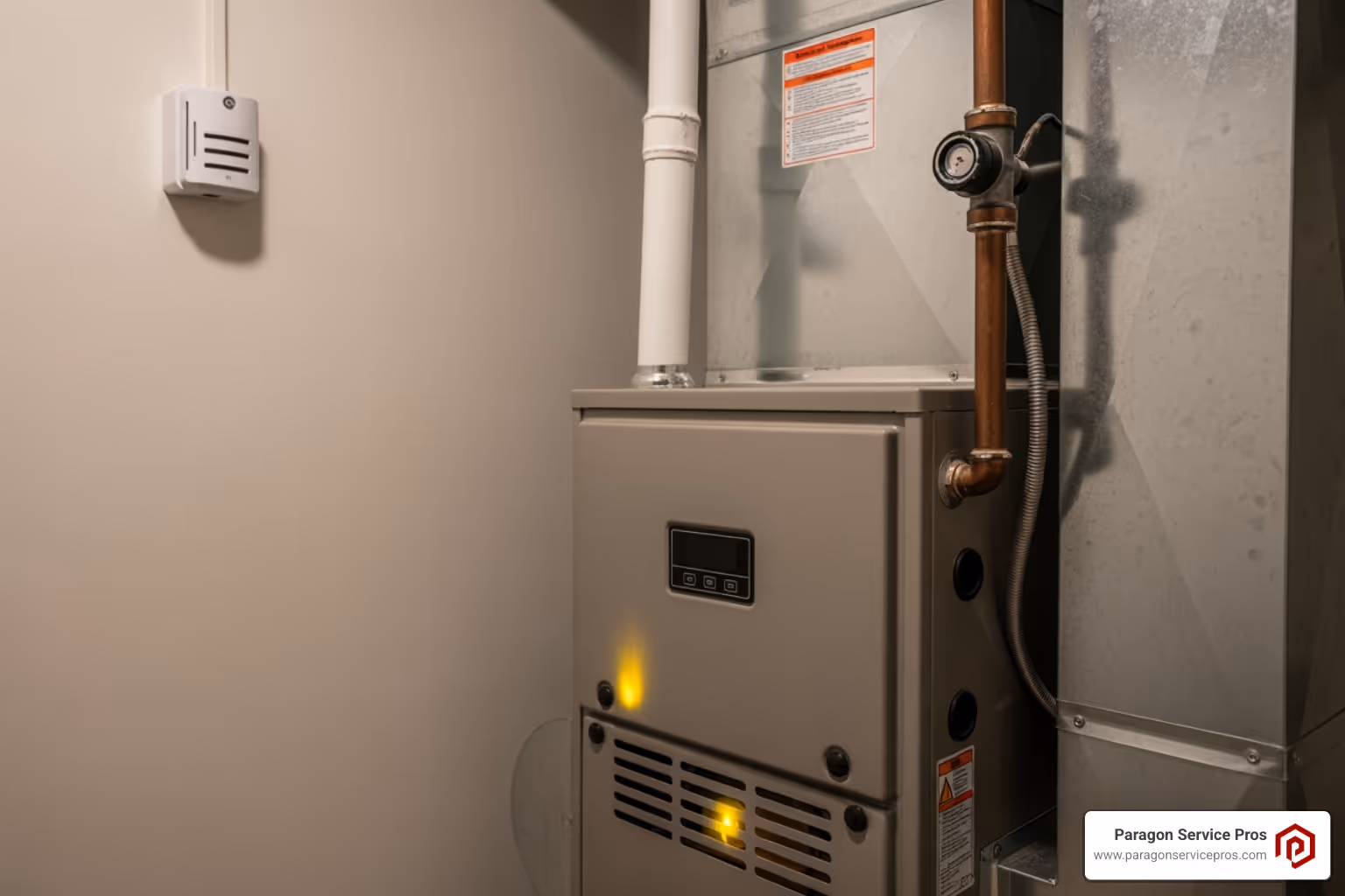 Infographic showing the top 5 signs of a furnace emergency: no heat production, gas smell or CO alarm, loud banging or screeching noises, yellow or flickering pilot light, and water pooling around the unit - emergency furnace maintenance in mesa, az