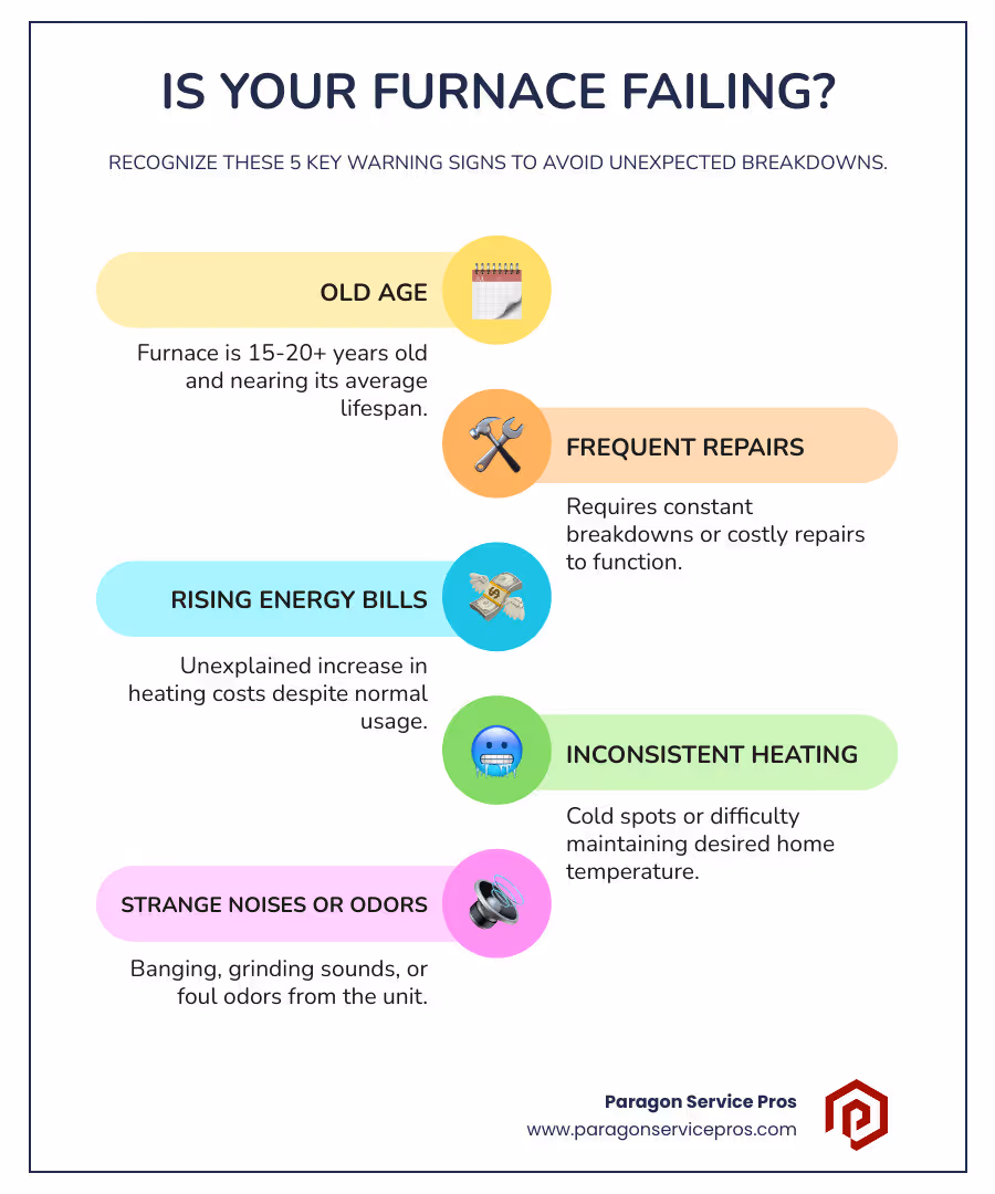 Infographic showing five key warning signs that indicate your furnace needs replacement: age over 15-20 years, frequent breakdowns requiring costly repairs, rising energy bills despite normal usage, inconsistent heating with cold spots throughout the home, and unusual noises like banging or grinding sounds - best furnace replacement in queen creek, az infographic infographic-line-5-steps-colors