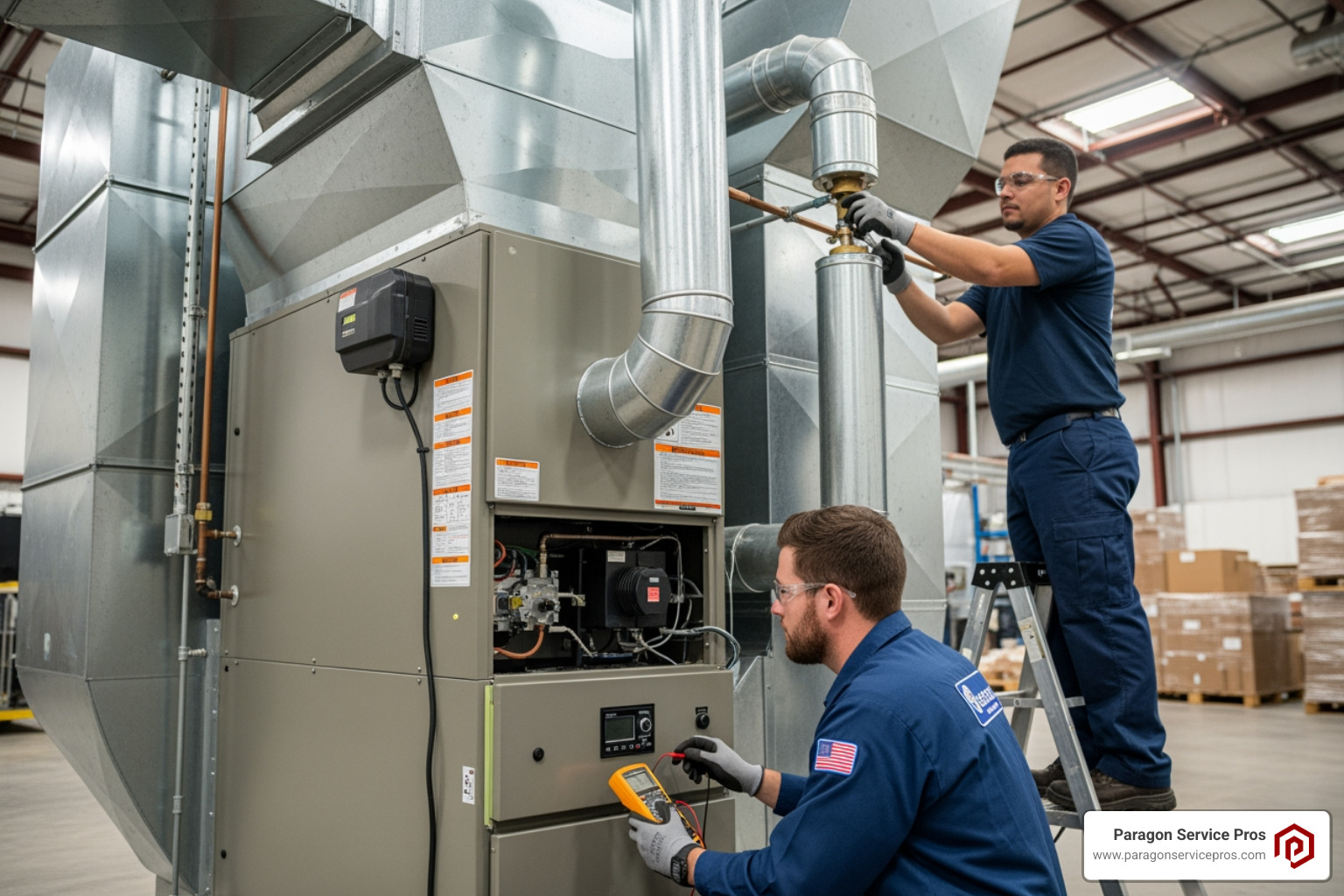 Infographic showing the core benefits of commercial furnace maintenance: reduced energy costs by up to 30%, extended equipment lifespan by 5-10 years, fewer emergency breakdowns, improved indoor air quality, maintained warranty compliance, and predictable maintenance budgets with scheduled service visits - commercial furnace maintenance in mesa, az