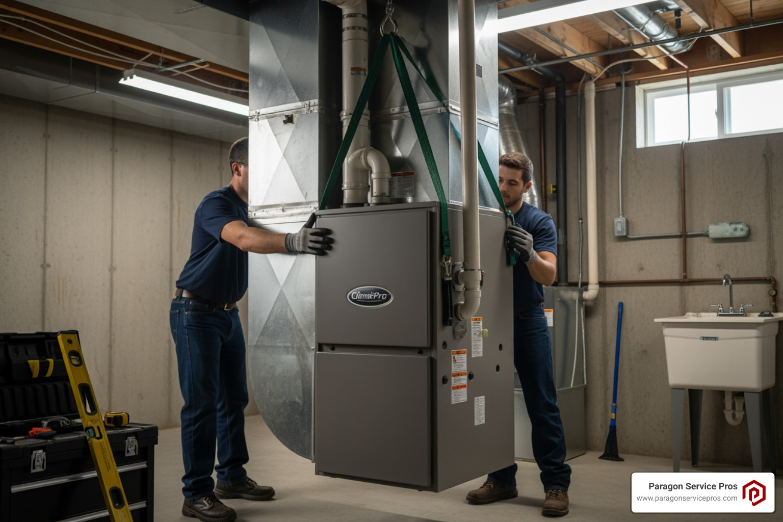 infographic showing three main benefits of professional furnace installation: improved energy efficiency with high-efficiency models, 15-20 year system lifespan with proper installation, and guaranteed safety compliance with local Chandler building codes - "Find local experts for a new furnace installation in Chandler."